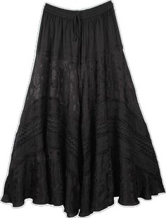 Traditional Black Long Skirt, Traditional Long Black Skirt, Flowy Black Bohemian Maxi Skirt, Bohemian Black Flowy Maxi Skirt, Black Bohemian Long Skirt, Traditional Black Bottoms For Spring, Flowy Black Embroidered Skirt, Black Embroidered Flowy Skirt, Traditional Black Flowy Skirt