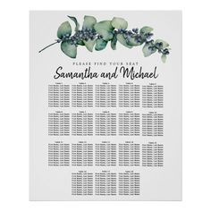 a wedding seating chart with green flowers on it