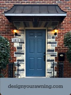 a blue front door on a brick building with the words designing your lawning com