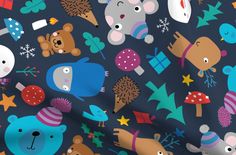 a blue background with bears and snowflakes on it's sides, including one bear wearing a party hat