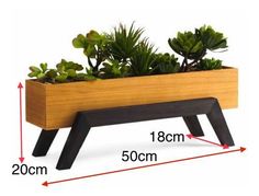 a wooden planter with succulent plants in it and measurements for the height