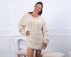 "MATERIAL : 3 strands of 100 % alpaca yarn COLOUR : Natural ( There may be a slight difference because of the different monitors' representation) ♥ In the picture the model is wearing a garment with these measurements : A: ( Body Length) : 28.7 \" / 73 cm B: (Chest width) : 22.8 \" / 58 cm C : (Sleeve from armpit) : 24.8 \" / 63 cm D: (Neck unrolled) : They are taken with the item laid flat and not streched. ♥ For choosing your size please look at size chart in our listing pictures. Please check Alpaca Chunky Knit Crew Neck Sweater, Alpaca Crew Neck Sweater In Chunky Knit, Alpaca Crew Neck Sweater With Chunky Knit, Cozy Cream Alpaca Sweater, Cream Knitted Alpaca Sweater, Cream Long Sleeve Alpaca Sweater, Handmade Cozy Alpaca Sweater, Beige Hand Knitted Crew Neck Sweater, Hand Knitted Beige Crew Neck Sweater