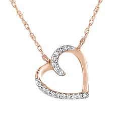 10K rose gold heart pendant with 17 round single cut diamond accents 16.5 inch 10K rose gold rope chain Simple Heart Outline, Diamond Pendants Designs, Gold Heart Pendant, Diamond Heart Pendant Necklace, Heart Outline, Helzberg Diamonds, Gold Rope Chains, Heart Necklace Diamond, Heart Pendant Gold