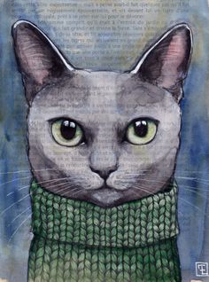 a painting of a cat wearing a green scarf and looking at the camera with big eyes