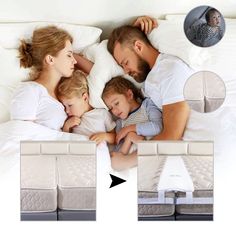 a man and woman laying in bed with two children sleeping next to each other on their stomachs