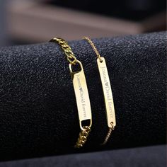 Show your special someone how much you care with this handmade custom bracelet set! Crafted from high-quality stainless steel, these bracelets are made to last and will make a meaningful and lasting statement of love. With a brushed finish, the bracelet is engraved with special words that can be customized to fit you and your significant other's special bond. Choose from four different colors - black, gold, rose gold and silver - to complement any style or mood. Each set includes two bracelets s Personalized Stainless Steel Charm Bracelet For Friendship, Customizable Stainless Steel Friendship Bracelets, Stainless Steel Bracelets With Adjustable Chain For Anniversary, Stainless Steel Bracelet With Adjustable Chain For Anniversary, Personalized Metal Chain Bracelet For Anniversary, Stainless Steel Name Bracelet For Friendship, Anniversary Stainless Steel Bracelet With Adjustable Chain, Customizable Metal Bracelets As Gift, Adjustable Stainless Steel Chain Bracelet Gift