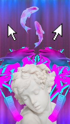 an artistic image of a white statue with pink and blue colors