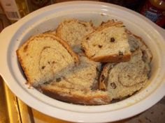 some slices of bread in a bowl on a table