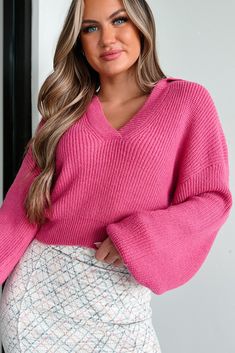 Fabulously Chic Cropped Balloon Sleeve Sweater (Magenta) – NanaMacs Pink Textured Knit V-neck Sweater, Pink V-neck Sweater For Winter, Trendy Pink V-neck Sweater, Cozy V-neck Sweater For Spring, Casual Pink Knit V-neck Sweater, Spring Textured Knit V-neck Sweater, Pink Knit V-neck Top, Pink V-neck Soft Knit Top, Pink Soft Knit V-neck Sweater