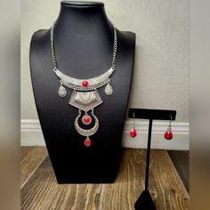 Necklace And Earrings Set Nwot Red Dangle Costume Jewelry, Red Metal Dangle Necklace, Red Sterling Silver Necklace With Matching Earrings, Silver Teardrop Metal Jewelry Sets, Nickel-free Red Metal Necklace, Mom Ring, Turquoise Pendant Necklace, Bead Bangles, Necklace And Earrings Set