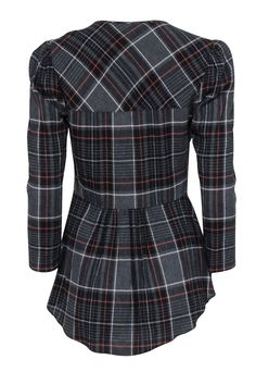 A fresh take on classic plaid by Veronica Beard. A grey, black, and orange pattern is placed on gauze fabric and elevated by metal buttons. This piece can be worn as is or with a tank top underneath for an added layer. Pair with jeans on the weekend or with cotton trousers for a casual Friday at the office. Size 2 73% Viscose, 24% Wool, 2% Nylon, 1% Elastane V-neckline Front metal buttons Hi-low hem Textured material Bust 35" Waist 30" Front shoulder to hem 24.5" Back shoulder to hem 29" Sleeve length 21" Plaid Tops With Button Closure For Fall, Fitted Plaid Shirt For Winter, Winter Plaid Buttoned Tops, Fitted Plaid Blouse For Fall, Plaid Button Closure Workwear Top, Fitted Plaid Shirt For Fall, Fitted Plaid Long Sleeve Top, Fitted Plaid Button-up Blouse, Plaid Tops For Workwear In Fall