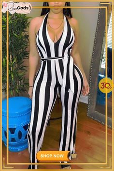 Stripe Print Hang Neck Jumpsuit with Belt Striped Stretch Jumpsuits And Rompers For Spring, Casual Striped One-piece Bodysuit, Trendy Striped Fitted Jumpsuits And Rompers, Trendy Fitted Striped Jumpsuits And Rompers, Trendy Striped Jumpsuits And Rompers For Vacation, Casual Fitted One-piece Jumpsuits And Rompers, Casual Fitted One-piece Jumpsuit, Trendy Striped Jumpsuits And Rompers For Beach, Chic Striped Fitted Bodysuit