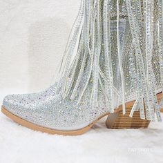 Western Style Party Boots With Bling, Western Rhinestone Party Boots, Western Style Party Boots With Rhinestones, Western Party Boots With Rhinestones, Silver High Heel Boots With Rhinestone Fringe, Party Boots With Rhinestone Fringe And Round Toe, Party Boots With Rhinestones And Snip Toe, Embellished Snip Toe Party Boots, Embellished Snip Toe Boots For Party