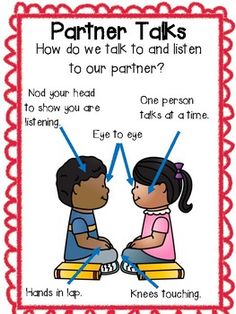 a poster with two children talking to each other and the words partner talks on it