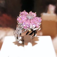 Globally ✓ Request Custom Products of Your Choice ✓ Free Shipping ✓ Returns ✓ Shop Now - KafPoint Pink Flower Ring, Girlfriend Ring, Ring Party Jewelry, Diamond Flower Ring, Flower Rings, Sterling Silver Wedding Rings, People Women, Zircon Jewelry, Silver Wedding Rings