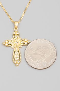 Pave Floral Cross Pendant Necklace. Women. Size: Approximate Length: 16+2 inches Gold Plated Cross Pendant Charm Necklace, Gold Plated Cross Pendant Necklace With Gold Chain, Gold Necklaces With Delicate Chain And Cross Pendant, Gold Plated Adjustable Chain With Cross Pendant, Gold Plated Cross Pendant Jewelry With Adjustable Chain, Gold Plated Costume Jewelry Necklaces For Gifts, Gold Cross Necklace With Delicate Pendant, Gold Plated Delicate Chain Necklace With Cross Pendant, Gold Cross Pendant Charm Necklace With Adjustable Chain