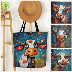 Cute Cow Bag For Boho Tote Bag Modern Large Artsy Tote Bag Funny Bull Tote Gift For Best Friend Birthday Folk Art Tote Colorful Bag For Kids. This practical and high-quality bag is the perfect blend of comfort and style, whether you're strolling along the beach or exploring the vibrant streets of town. 𝐃𝐄𝐓𝐀𝐈𝐋𝐒 🌺 100% Polyester 🌺 Boxed corners 🌺 Black inner stitching, transparent thread on hems. 🌺 Navy cotton handles 🌺 With non-woven laminate inside 🌺 3 sizes: Small ( 12'x13'), Mediu Funny Coworker Gifts, Boho Tote Bag, School Bookbags, Boho Tote, Gift Totes, Gift For Best Friend, Colorful Bags, Blue Tote, Art Bag