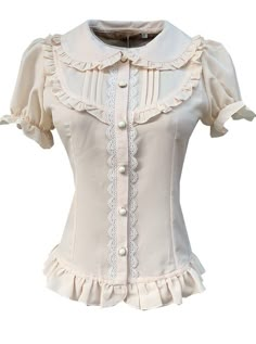 Buy Elegant Doll Collar Ruffle Classic Lolita White Or Apricot Short Sleeve Shirt on Lolitain.com. Choose your perfect classic lolita dress, gothic lolita dress, and more. Regular discounts up to 50% off. Coquette Button Up Shirt, White Blouse Long Sleeve, Summer Chiffon Blouse, Frilly Shirt, Shirt With Ruffles, Coquette Shirt, Short Sleeved Blouse, Ruffled Shirt, White Ruffle Top