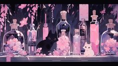 an image of bottles with cats and flowers on the table in front of them,