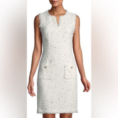 Nwot, Karl Lagerfeld Paris Fringe-Trim Cream Tweed Sleeveless Classic Chic Sheath Dress With Multicolored Sequins Women's Size 10, Fully Lined, Invisible Back Zipper Approximate Measurements: Ptp: 19" Length 36" Sequin Tweed Dress, Sleeveless Tweed Dress For Formal Occasions, Formal Sleeveless Tweed Dress, Chic Sleeveless Tweed Dress For Office, Sleeveless Tweed Formal Dress, Sleeveless Fitted Tweed Dress, White Sleeveless Fitted Tweed Dress, White Fitted Sleeveless Tweed Dress, Elegant Sleeveless Tweed Dress For Work