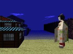 an old - school video game with a man in kimono looking at the ocean