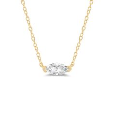 A contemporary choice for an everyday diamond necklace. This white gold necklace features a marquise diamond in an east-west setting. It sparkles with a statement but does so discreetly, perfect for heightening any look, including casual outfits. Yellow Gold Marquise Necklace With Single Diamond, Elegant Marquise Diamond Necklace With Single Diamond, Marquise Diamond Necklace With Single Diamond, Marquise Solitaire Diamond Necklace, Elegant Marquise Single Diamond Necklace, Timeless Marquise Diamond Cut Necklace, Formal Single Diamond Marquise Cut Necklace, Single Diamond Marquise Necklace For Formal Occasions, Marquise Solitaire Diamond Necklace Fine Jewelry