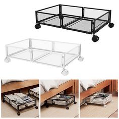 three different views of the bottom and bottom drawers of a bed with wheels on each side