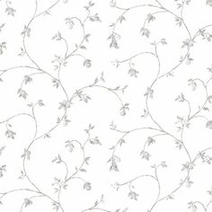 a white wallpaper with silver leaves and vines on the top right hand corner is a light gray background