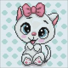 a cross stitch cat with pink bow on it's head, sitting in front of blue