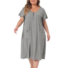 Made of soft and comfortable fabric, this long nightgown is suitable for family pajama parties, everyday, out shopping, midnight and more. The ruffle sleeved design has an elegant feel, a comfortable loose fit and convenient front pockets. It can also be given as a gift to your girlfriend, friend, daughter or mother. Designed specifically for plus size women and designed to provide comfortable clothing for plus size girls and hope to provide you with a good shopping experience. Summer Nightgown With Relaxed Fit For Overnight, Summer Nightgown With Relaxed Fit, Relaxed Fit Nightgown For Summer Nights, Relaxed Fit Nightgown For Summer, Comfortable Relaxed Fit Nightgown For Bedtime, Comfortable Spring Nightgown For Overnight, Gray Cotton Sleepwear With Short Sleeves, Comfortable Summer Nightgown For Overnight, Gray Cotton Short Sleeve Sleepwear