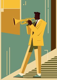 a man in a yellow suit playing a trumpet