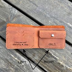 Personalized Wallet. Engraved Leather Wallet. Custom Slim Bifold Minimalist Wallet for Men. One Year Anniversary Gifts for Boyfriend STYLISH, SPACIOUS, SAFE and SENTIMENTAL.  Add initials, favorite catchphrase, quote or inside Joke to make it extra unique and special!  Personalized Leather Wallets, Gift for Fathers day l Him l Dad l Boyfriend l Anniversary l Engraving Initials & Quotes FREE SHIPPING TO WORLDWIDE! For you: - high-quality Crazy Horse genuine leather - 3 spacious compartments for bank cards or documents - coin pocket with secure snap closure - large compartment for cash - small dimensions 3.5″ by 4.3″ ( 9 x 11 cm) This leather wallet engraved is surprisingly compact and roomy. If you like classics - a brown men's leather wallet with coin pocket  is for you. It is handmade fro Personalized Leather Trifold Wallet For Everyday Use, Personalized Bifold Wallet, Personalized Bifold Wallet For Everyday, Father's Day Bifold Wallet With Card Slots, Leather Wallet With Engraved Logo For Everyday Use, Father's Day Wallets With Coin Pocket, Father's Day Gift Wallet With Coin Pocket, Leather Wallets With Engraved Logo For Everyday Use, Father's Day Gift Wallets With Coin Pocket