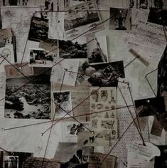 a bunch of pictures and papers are on the wall with lines going through them,