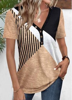 Color:Light Camel;Size:S;Size:M;Size:L;Size:XL;Size:XXL;Package Contents:1 X T Shirt;Occasion:Other;Style:Casual; Camel Shorts, Stripe Outfits, Lovely Tops, Solid & Striped, Tees For Women, Short Sleeve T Shirt, Shirt Sale, Geometric Print, Shirt Online