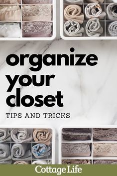 an organized closet with folded towels and linens in bins on the wall, text reads organize your closet tips and tricks