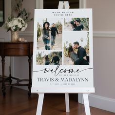 a wedding welcome sign with photos on it