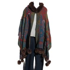 "Unique  One-Of-A-Kind Yak & Bheda Sheep Wool Blend Shawl/Wrap/Cape Handloomed/Handmade by Artisans Collar & Tasseled Fox Fur  Hand Embroidery Stitched Accents that Emphasize the Patterns in the Shawl Design,  Boiled Himalayan Yak + Sheep Wool Blend Paisley or Geometric Shawl Design and Pattern Ideal for Fall - Winter - Spring Wear Handmade Boiled Wool Sizing Can Vary:  76\"-68\" by 28\"-26\"" Bohemian Alpaca Cape For Winter, Traditional Alpaca Shawl One Size, Handmade Winter Cape Shawl, Handmade Shawl Cape For Winter, Multicolor Alpaca Shawl For Winter, Bohemian Alpaca Shawl For Winter, Traditional Brown Winter Cape, Traditional Handmade Winter Cape, Winter Alpaca Shawl