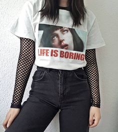 “Life is Boring” Mia Wallace Printed Tee Skater Girl Outfits Grunge 90s, Fishnet Shirt Outfit, Skater Girl Outfits Grunge, Fishnet Shirt, E Girl Outfits, Skater Girl Outfits, Grunge 90s, Skater Girl, Shirt Diy