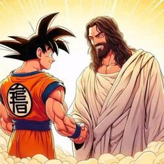 two people shaking hands in front of clouds with the words dragon ball written on it