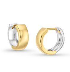 Elevate your style with our Two Tone Gold Huggie Earrings, featuring 14 karat yellow and white gold that adds a touch of contrast and dimension to any look. Perfect for hugging the earlobe snugly, these huggie earrings offer comfort and style in equal measure, making them ideal for daily wear. Measure approximately 0.39 inches. White Gold Matching Huggie Earrings, Modern White Gold Tarnish Resistant Huggie Earrings, Modern White Gold Tarnish-resistant Huggie Earrings, Modern Tarnish Resistant White Gold Huggie Earrings, Modern Tarnish-resistant White Gold Huggie Earrings, Formal Diamond Huggie Earrings, 14k White Gold Polished Huggie Earrings, Polished Finish Huggie Earrings For Anniversary, Modern 14k White Gold Huggie Earrings