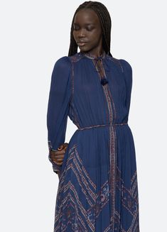 Valeria Dress – Sea, New York Long Sleeve Print Dress, Fit Details, Home Dress, Neck Ties, Long Puff Sleeves, Mid Dresses, Fit Style, Front Design, Dresses Xs