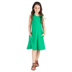 Oh so easy to wear, this simple tank swing dress for girls is cute and comfortable. Featuring a round neckline, sleeveless style, knee length hemline, and side pockets. Made from a soft material and available in a variety of fun color options. Machine washable. Color: green. Gender: female. Age Group: toddler. Pattern: Solid. Material: Polyester. Casual Green Sleeveless Knee-length Dress, Green Casual Knee-length Sleeveless Dress, Casual Green Knee-length Sleeveless Dress, Fun Color, Dress For Girls, Large Dress, Hem Style, Pocket Dress, Knee Length Dress