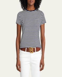 Ralph Lauren Collection cotton tshirt in stripe pattern with contrast neck. Crew neckline. Short sleeves. Relaxed fit. Pullover style. Cotton. Made in Italy. Fitted Cotton T-shirt By Ralph Lauren, Ralph Lauren Fitted Summer T-shirt, Ralph Lauren Fitted Cotton T-shirt, Sporty Ralph Lauren Cotton T-shirt, Ralph Lauren Short Sleeve Logo T-shirt, Ralph Lauren Collection, Stripes Pattern, Pullover Styling, Tshirt Dress