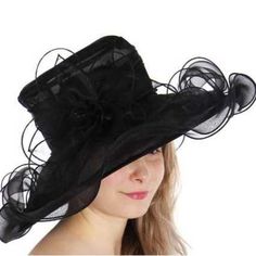 Large Swirly Dress Hat Large Fancy Dress Hat Brim: 5.5 Inches, Crown Height: 4 Inches, Crown Diameter: 7 Inches 100% Polyester 2.8oz Black Fitted Chic Fascinator, Fitted Black Chic Fascinator, Chic Black Fitted Fascinator, Chic Evening Hats For Spring, Chic Spring Evening Hats, Black Wide Brim Fascinator For Summer, Fitted Evening Hats For Spring, Black Summer Fascinator, Fitted Black Fascinator For Summer