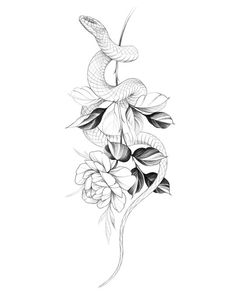 a black and white drawing of flowers with a snake on it's back side