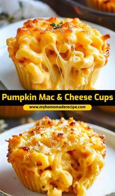 pumpkin mac and cheese cups on a white plate with the title above it in yellow