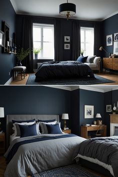 two pictures of a bedroom with dark blue walls