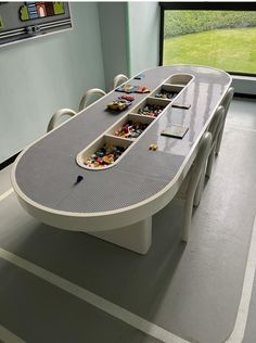 a long table with many compartments on it