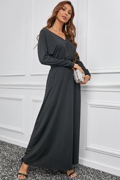 Black V Neck Batwing Sleeve Maxi Dress Black Plain V-neck Dress, Chic Black Plain Dress, Chic Plain Black Dress, Casual Solid Color Maxi Dress For Evening, Black Solid Maxi Dress For Workwear, Casual Evening Maxi Dress For Fall, Chic Black Solid Color Maxi Dress, Casual Fall Evening Maxi Dress, Black V-neck Maxi Dress For Work