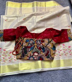 🧵Pure Handloom Kerala Kasavu Cotton in pink  in half white  embroidery all over the sari  & golden   zari combo . 🧵 Fall pico done ✅  🧵 This simple floral zari  combo s perfect for wedding season  & aspicous day  .  🧵Blouse ( stitched Kalamkari blouse    )   🧵 Shipping rate  as per the actuals . 🧵 No refund & exchange . White Kalamkari Blouse, Unstitched White Saree With Kalamkari Print, White Kalamkari Saree, White Semi-stitched Kalamkari Saree, White Kalamkari Print Semi-stitched Saree, Saree Kerala, Saree Golden, Cotton Sarees Handloom, Kalamkari Blouse